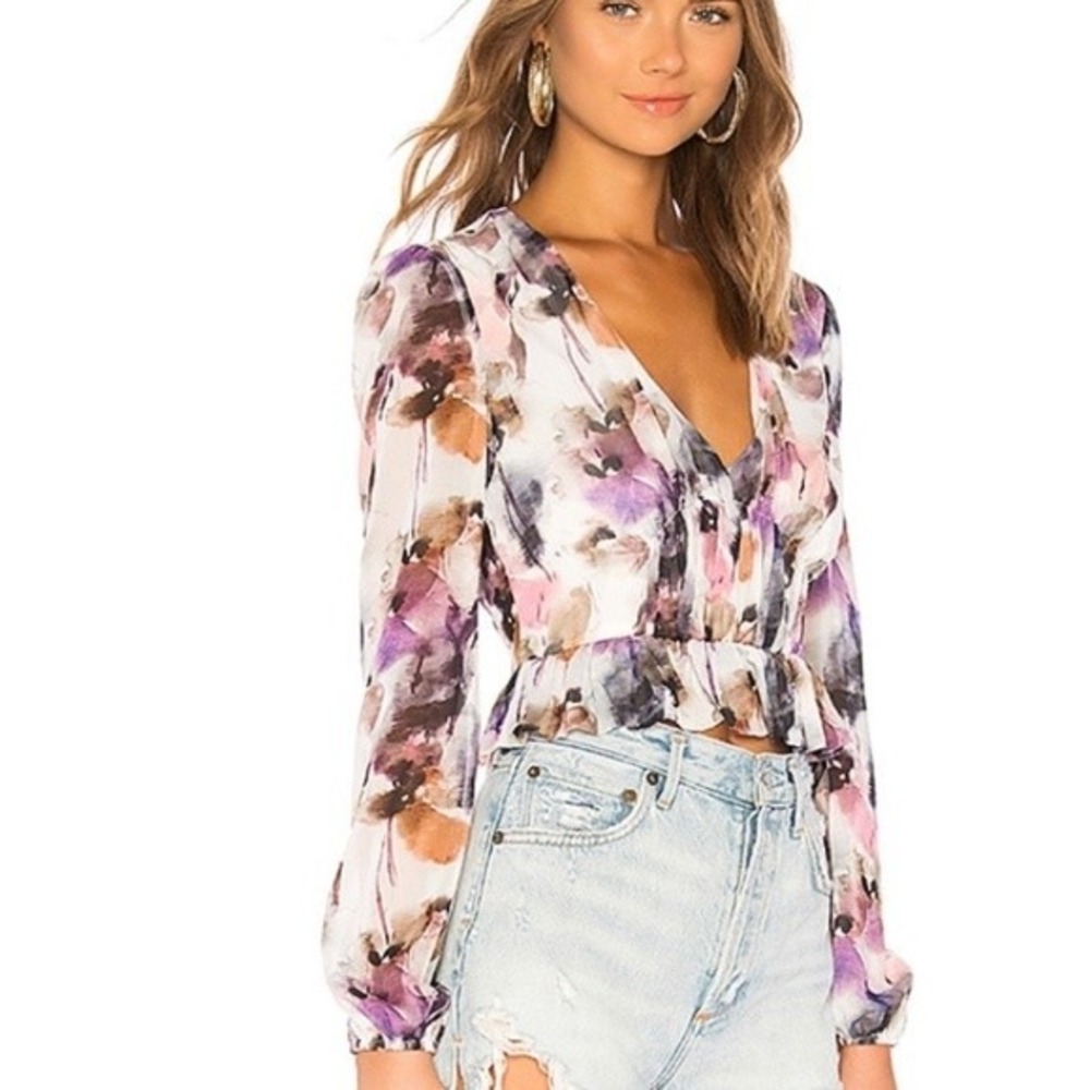 House of Harlow 1960 x REVOLVE Floral V-Neck Peplum Crop Top Blouse Medium